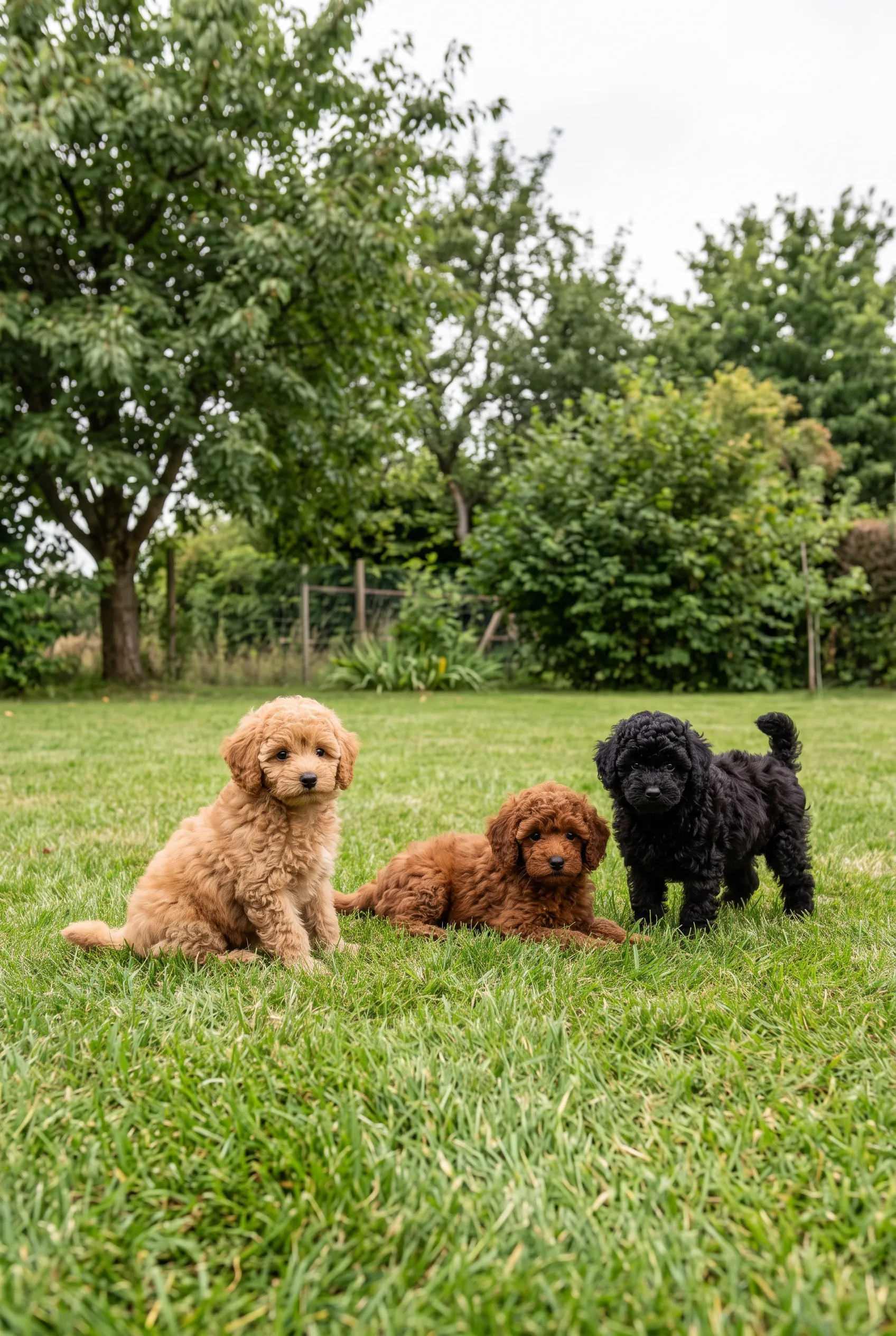 Three toy poodle puppies, one apricot, one chocolate and one black, sitting and standing together on a green lawn